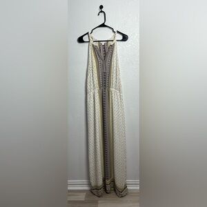 C Women's Cream Brown Yellow Halter Maxi Sundress Resort Wear Sz L Sleeveless